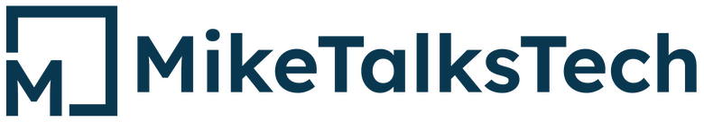 Blue workmark that says MikeTalksTech. A blue box icon with a M in the bottom left corner.